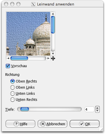 Eigenschaften für das Filter Leinwand
